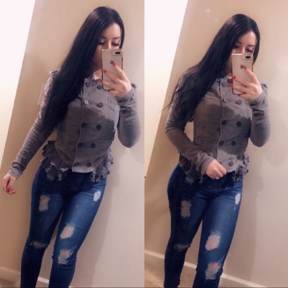 Free People Jackets & Blazers - Free People Gray Ruffle Military Jacket F367